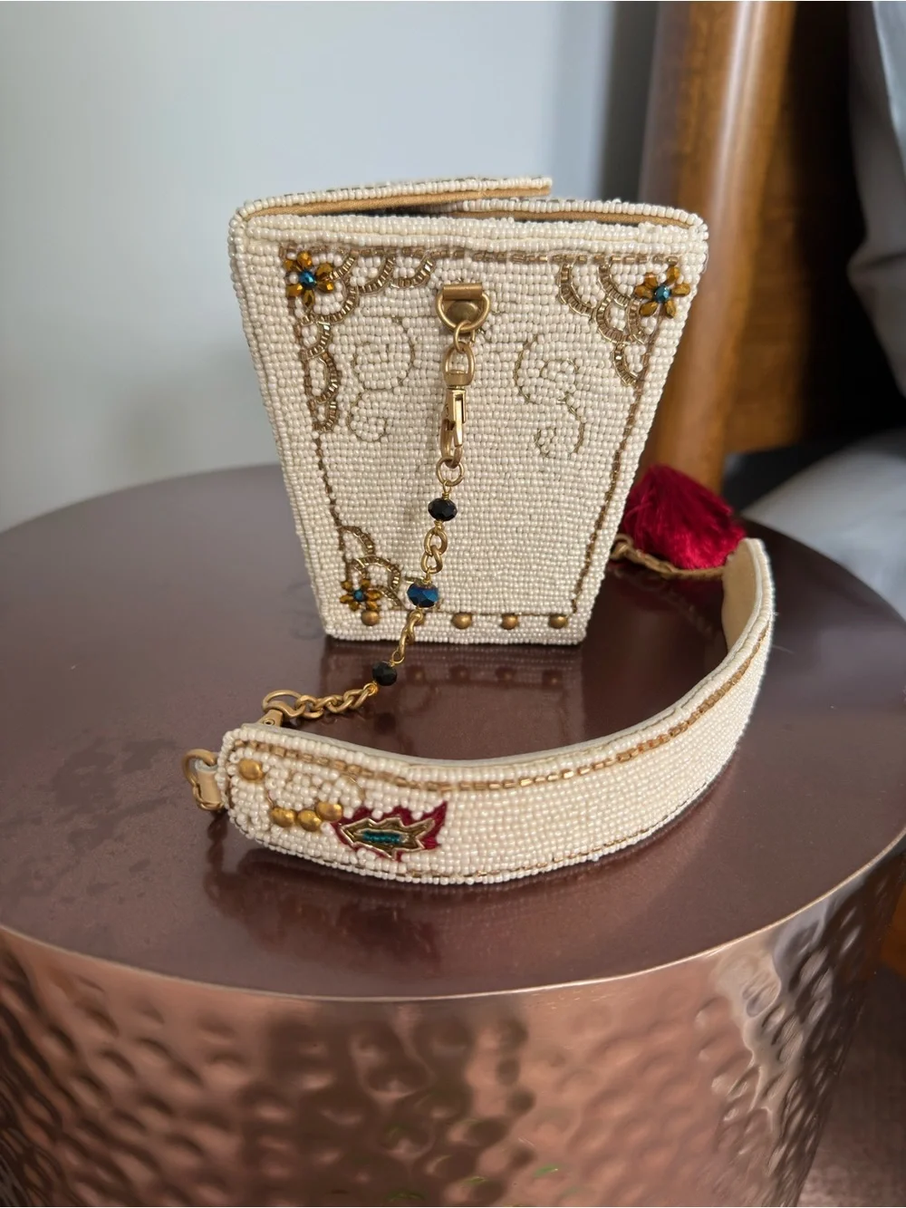 Mary Frances Fully Beaded Ivory Dragon Evening Clutch with Red Tassel NWOT - Picture 2 of 6